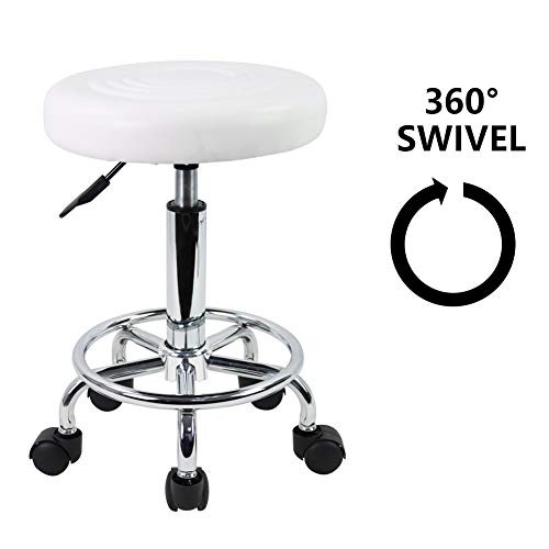 PU Leather Modern Round Rolling Stool with Footrest Height Adjustable White