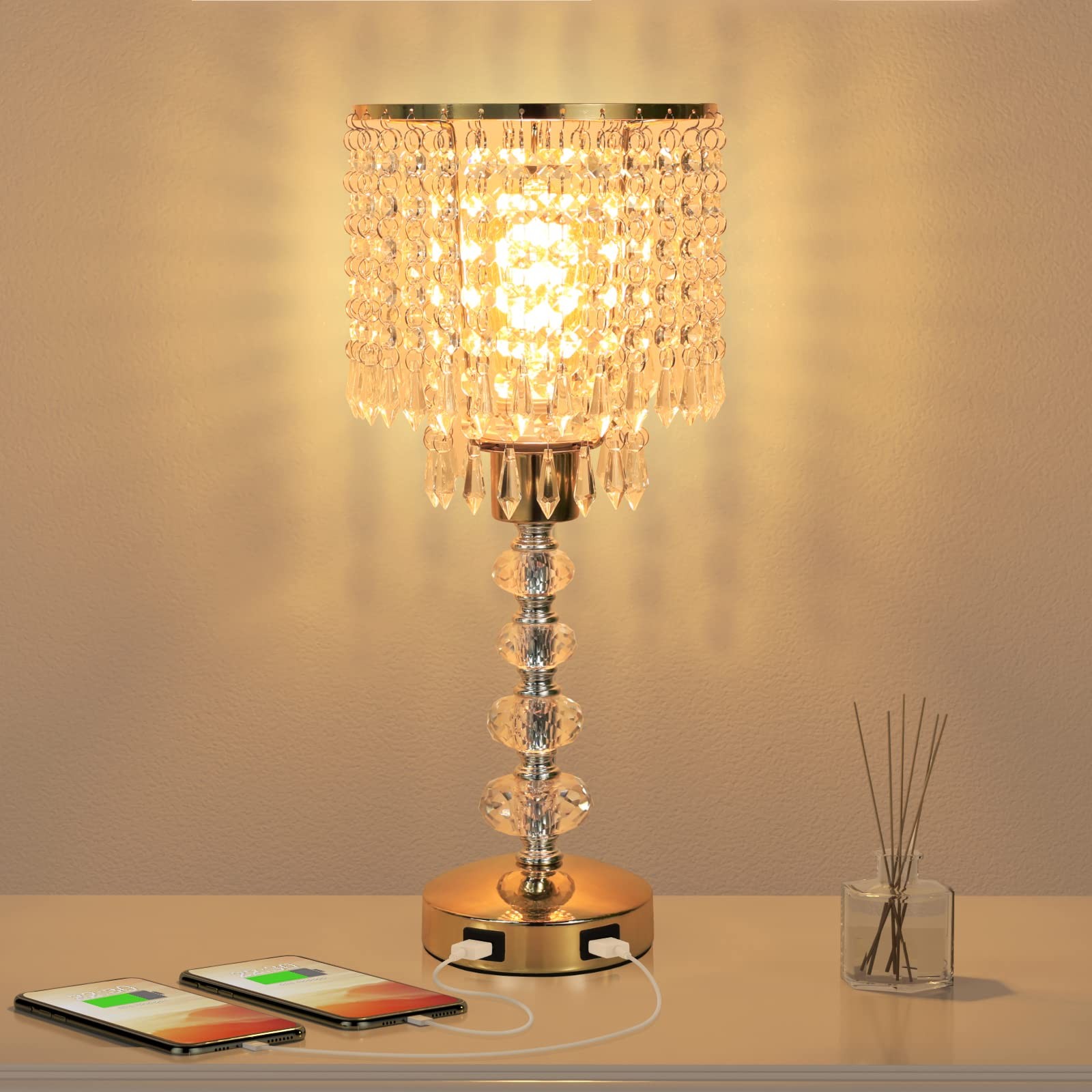 Acaxin Crystal Table Bedside Lamp Touch Control, 3-Way Medium-g, C:Gold