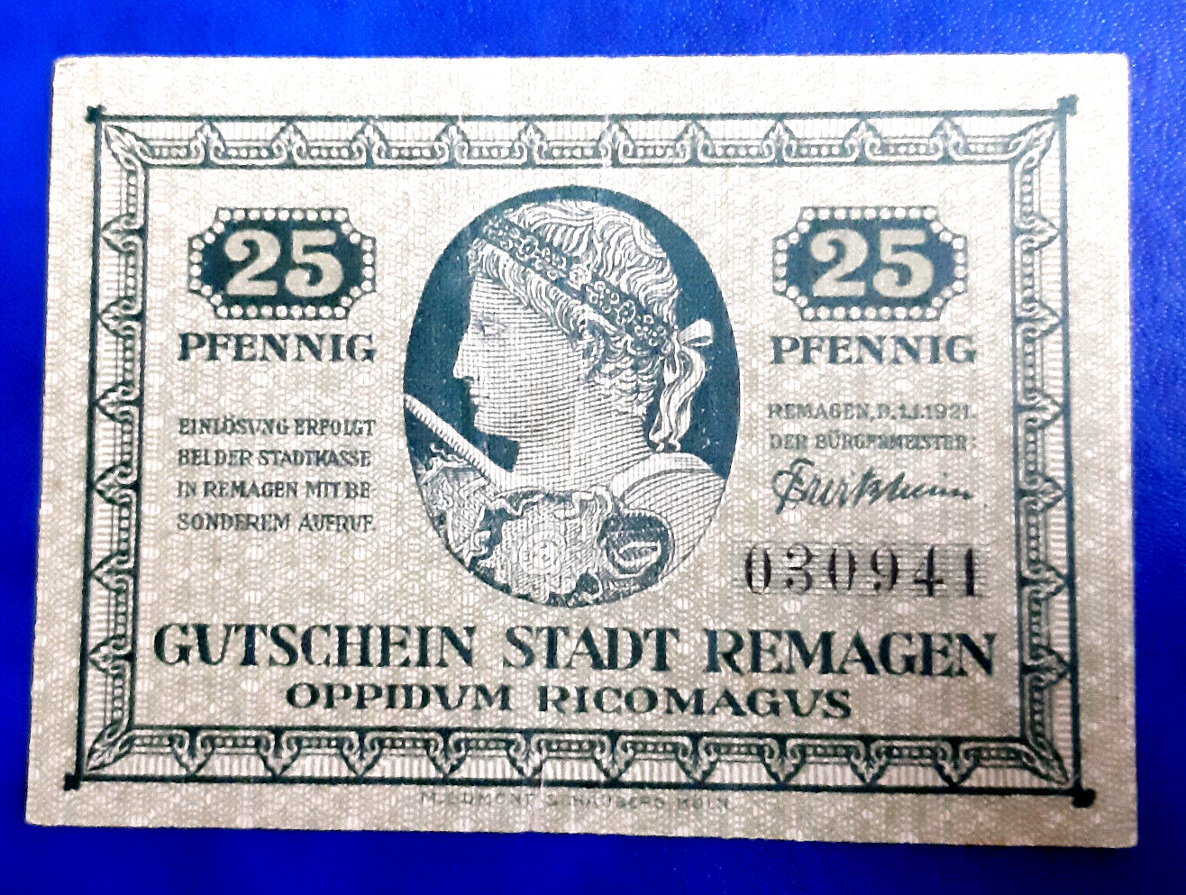 REMAGEN NOTGELD 25 PFENNIG 1921 EMERGENCY MONEY GERMANY BANKNOTE (26636)