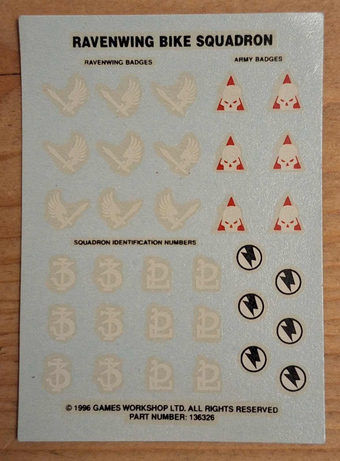 Ravenwing Bike Squadron Transfer Decal Sheet 1996 Games Workshop Warhammer 40k