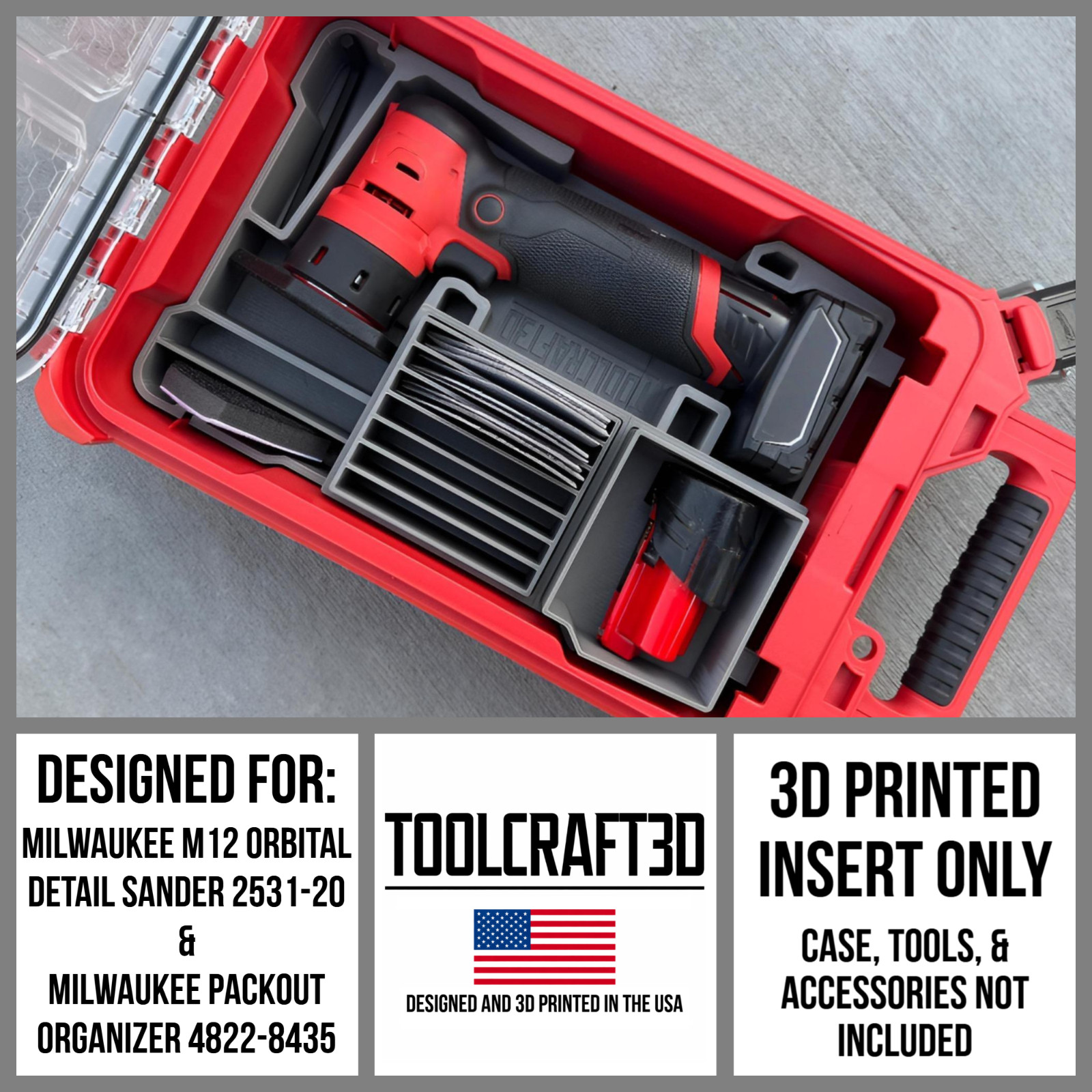 TC3D Insert for Milwaukee M12 Orbital Detail Sander & Packout Organizer