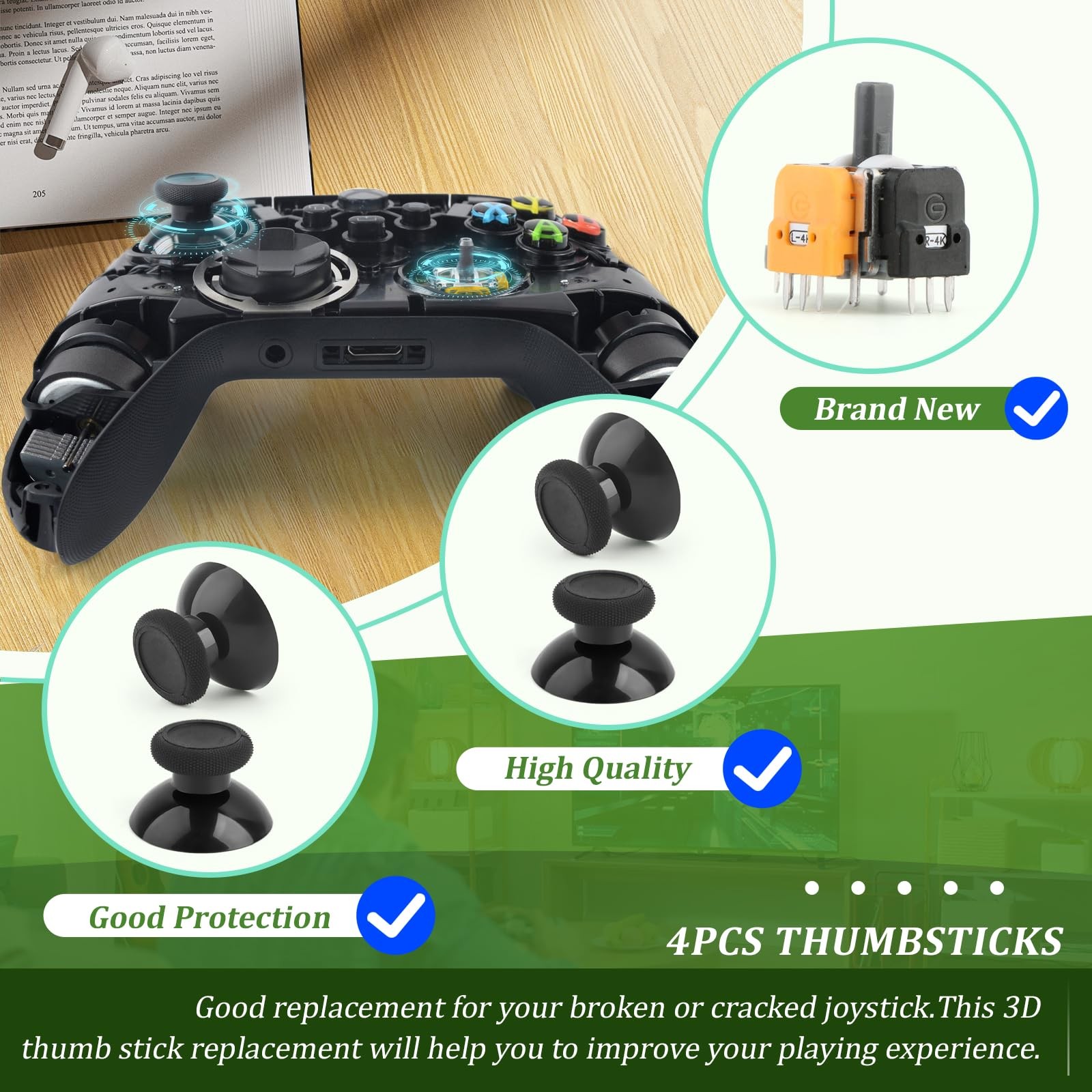 4Pack Joysticks for XboxOne S/X Hall Effect Joystick Replacement black