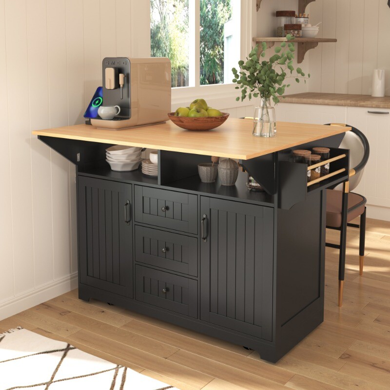 55.7'' Large Kitchen Island with 2 Drop Leaf Rolling Kitchen Cart on 5 Wheels