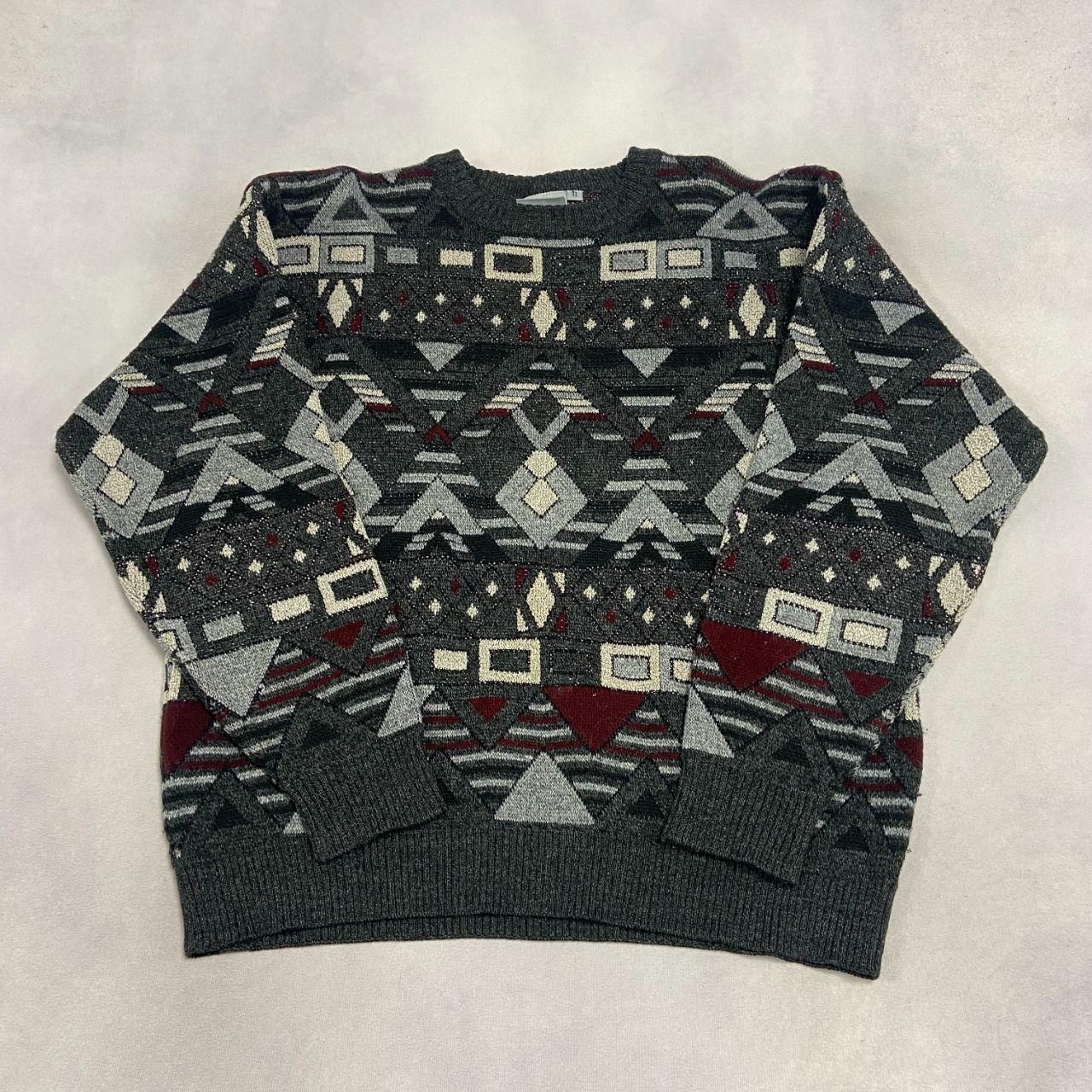 Vintage Abstract Knitted Jumper Patterned Grandad Knit Sweater Men's L