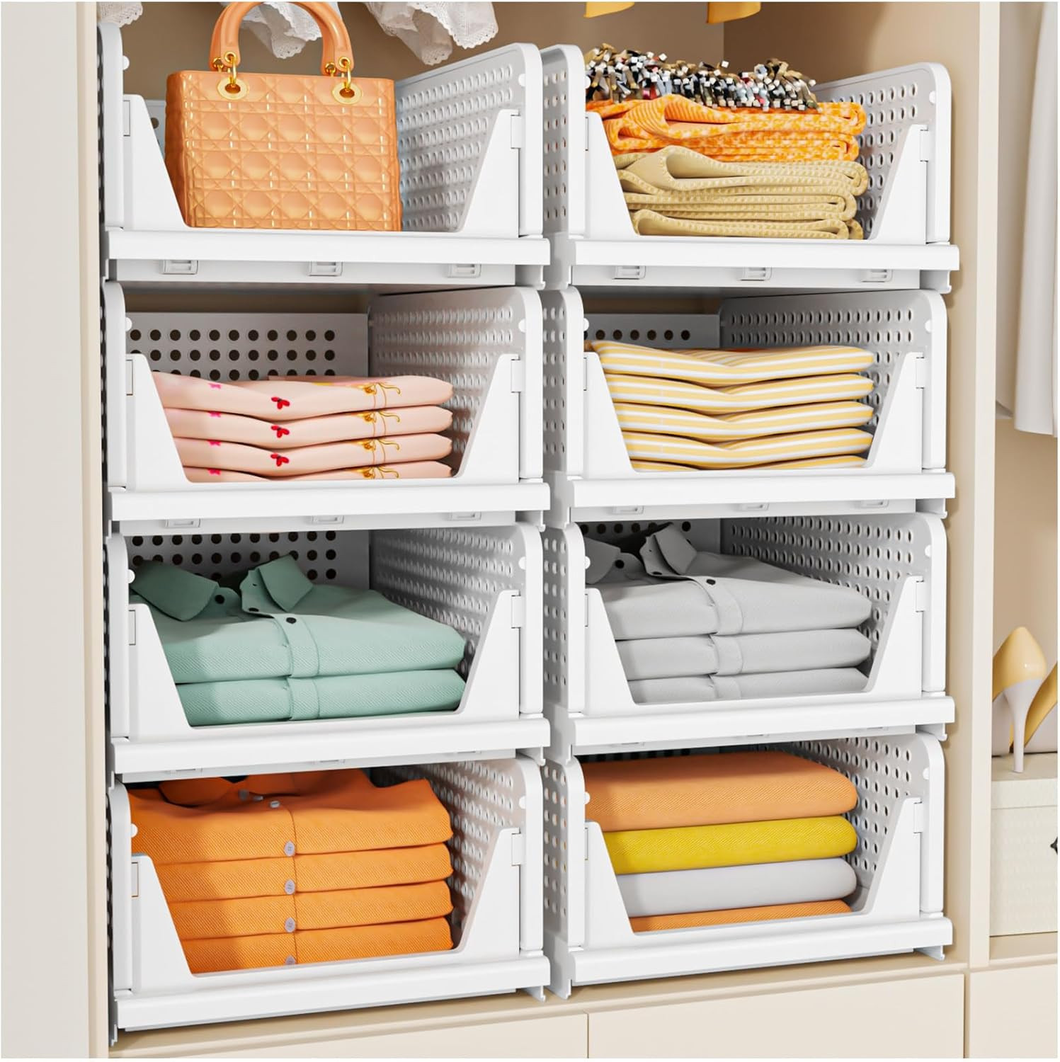 5 Pack Stackable Closet Storage Basket, Multifunctional & Foldable Closet Organi