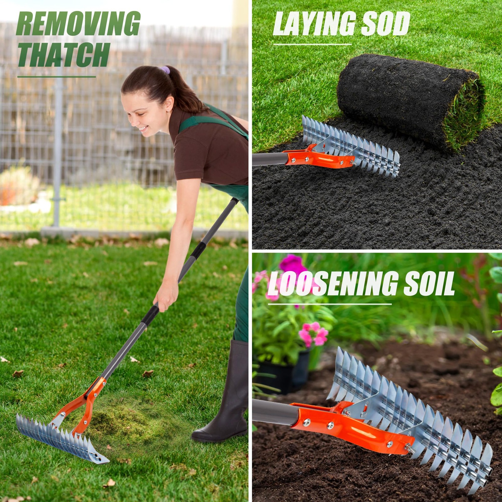 Thatch Rake, 15Inch Lawn Thatching Rake, Robust Dethatcher Rake, Efficient St...