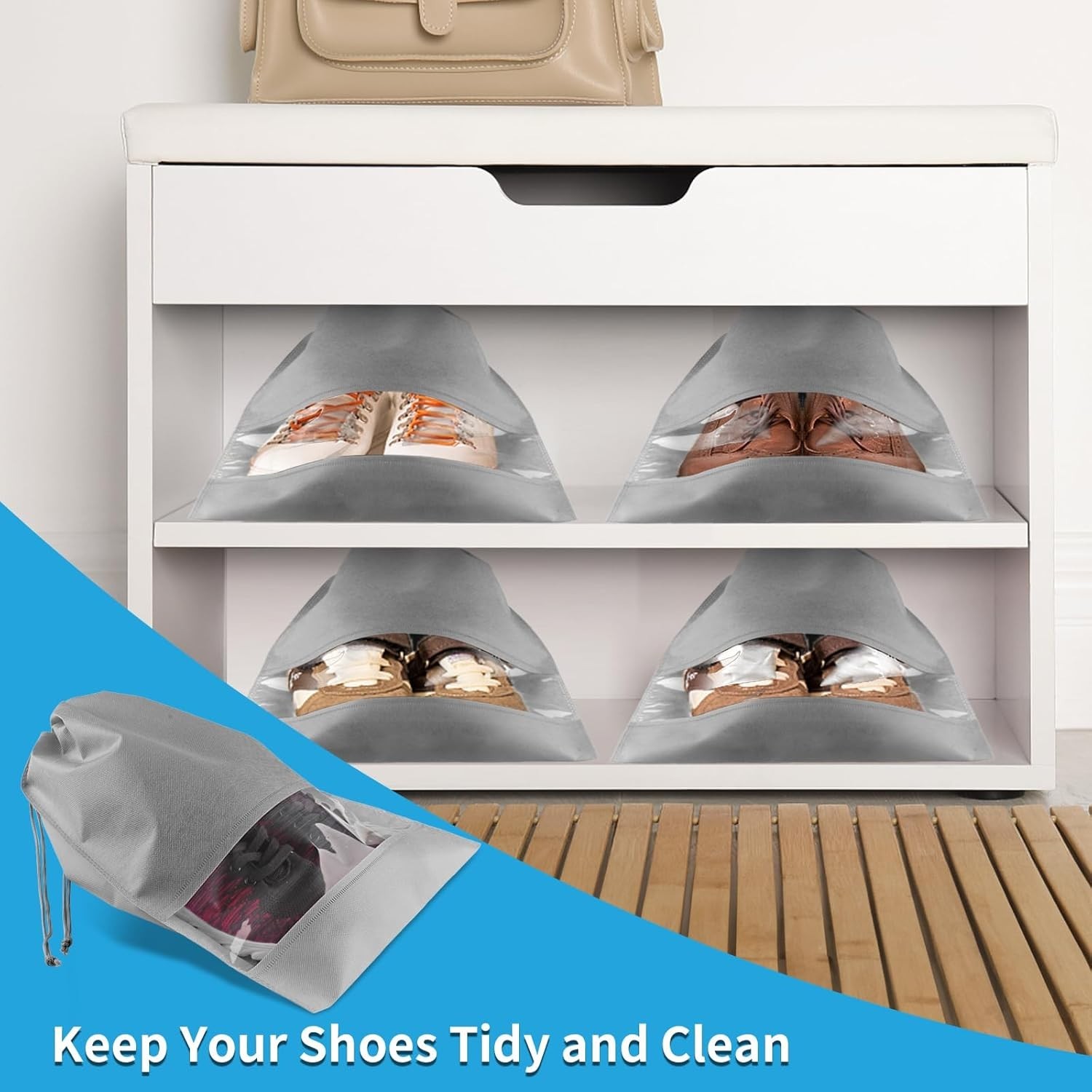 5-Pack Large Travel Shoe Bags – Gray Drawstring Storage with Clear Window
