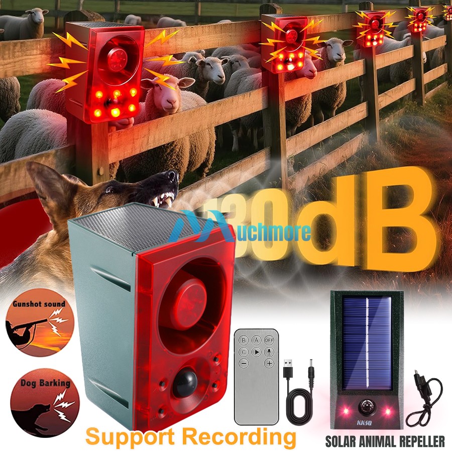 24H Sound & Light Alarm Motion Sensor 130dB Outdoor Dog Barking & Gunshot Sounds