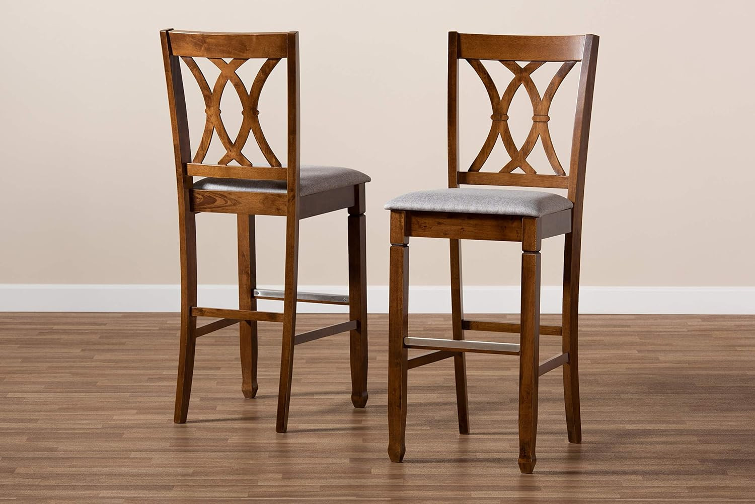 Calista Grey Fabric Bar Stool Set with Walnut Finish - 2 Stylish Pieces