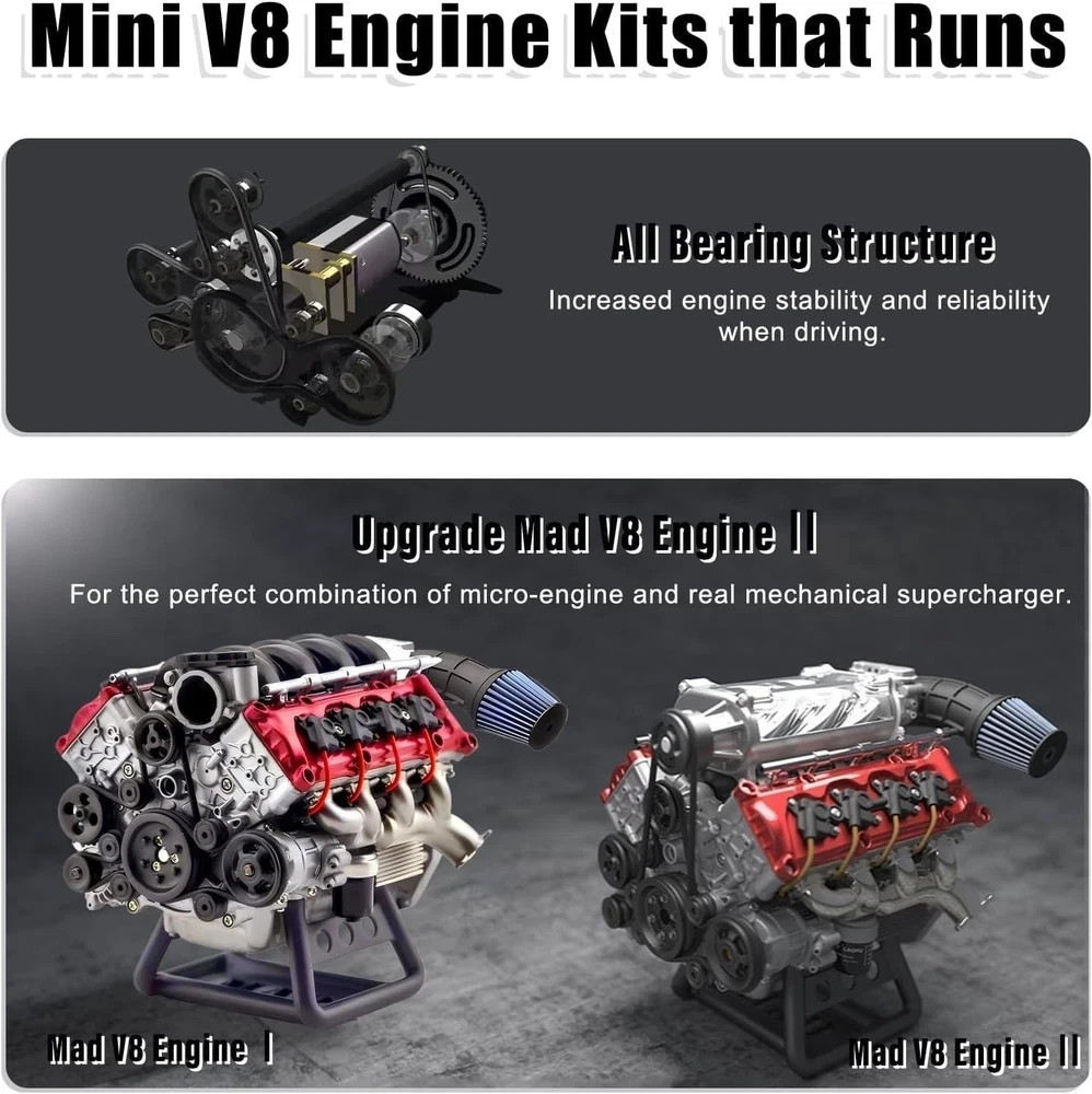 Mini V8 Engine Kit Working Model Electric Supercharger DIY RC