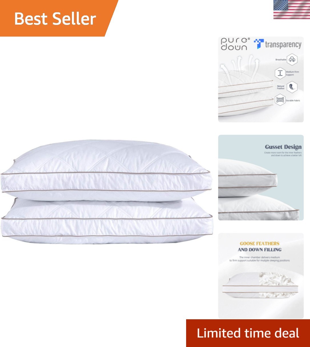 Goose Feathers and Down Pillow for Sleeping Hotel Collection Bed Pillows, Gus...