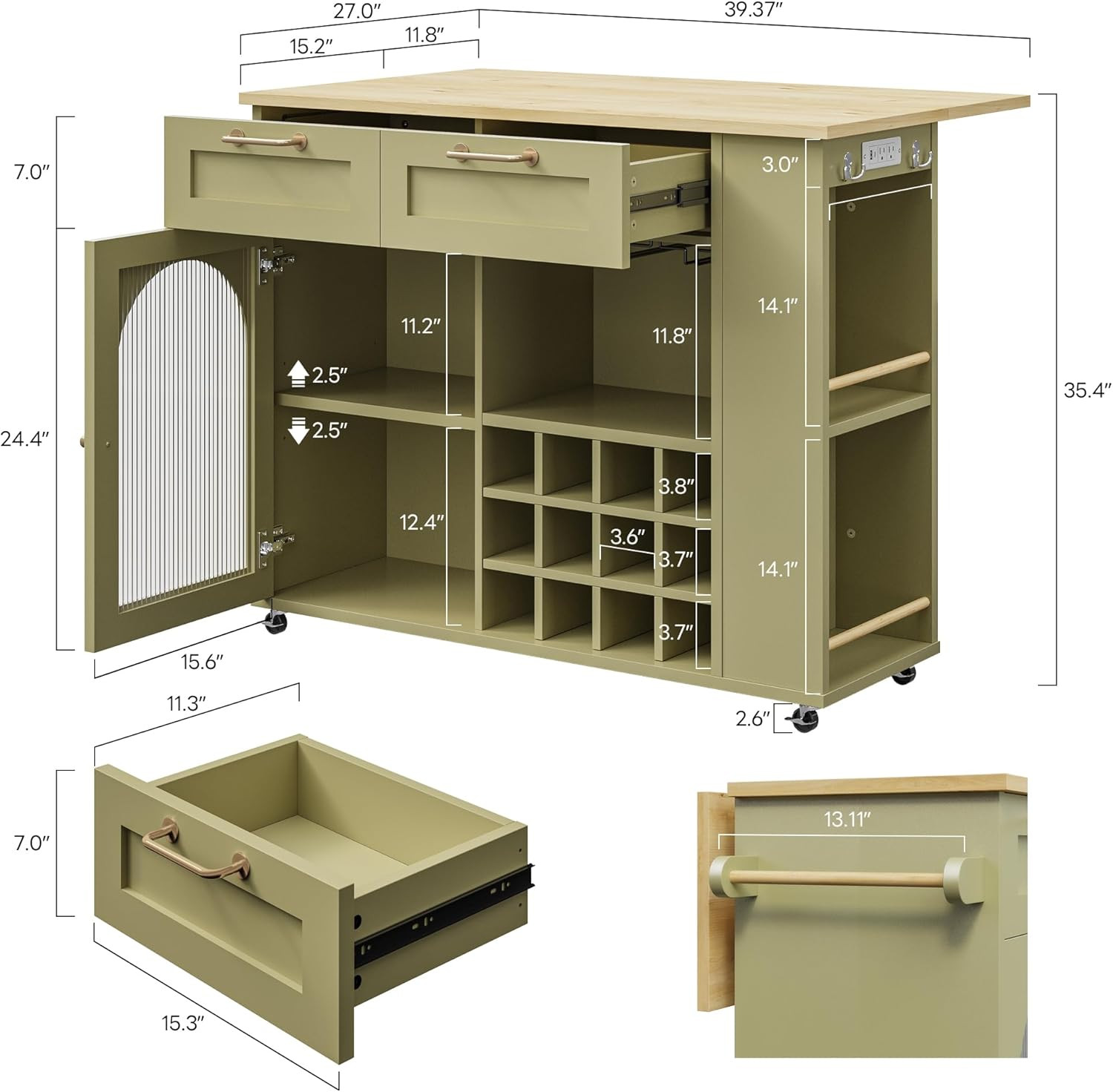 Green Rolling Kitchen Island with Power Outlet, Storage & Wine Racks