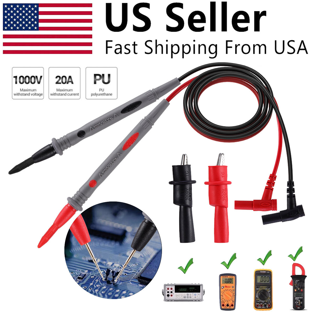 Multimeter Test Leads for Fluke Meter Electrical Alligator Clip Probes 1000V 20A