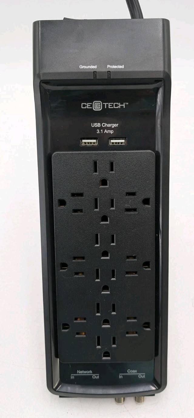 ​Commercial Electric HDC1206NCU 6 ft. Surge Protector w/ Coax & USB RJ45, Black