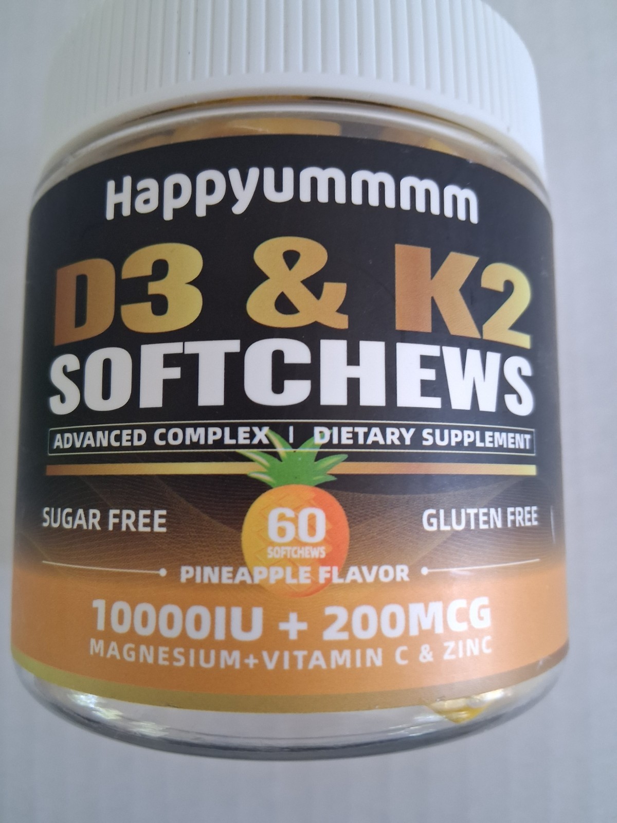 HAPPYUMMMM D3 & K2 SOFTCHEWS PINEAPPLE (60) SUGAR & GLUTEN FREE SUPPLEMENTS