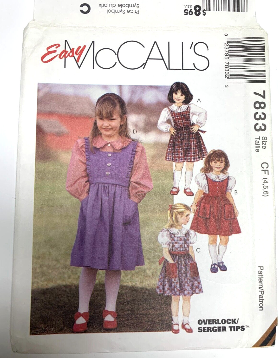 McCall's 7833 Pattern Girl Pinafore, Romper, Blouse. Size 4/5/6 Complete