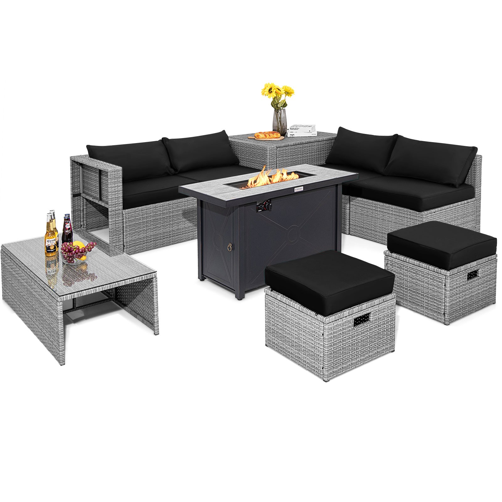 9 PCS Patio Rattan Furniture Set 42" Fire Pit Table Cover Storage Box Black