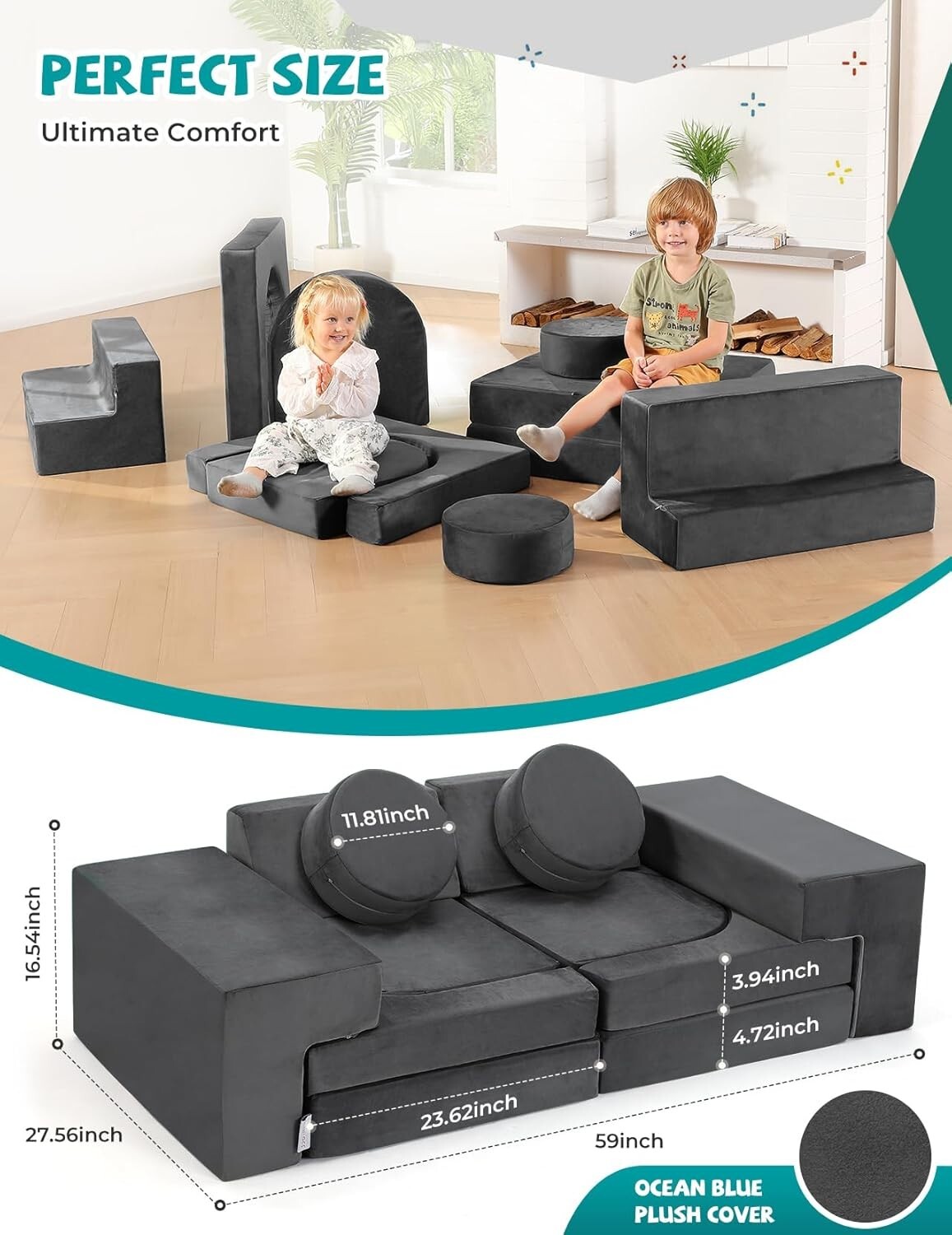 K12 DIY Convertible Kids Couch - Stylish Foam Playroom Sofa for Boys & Girls