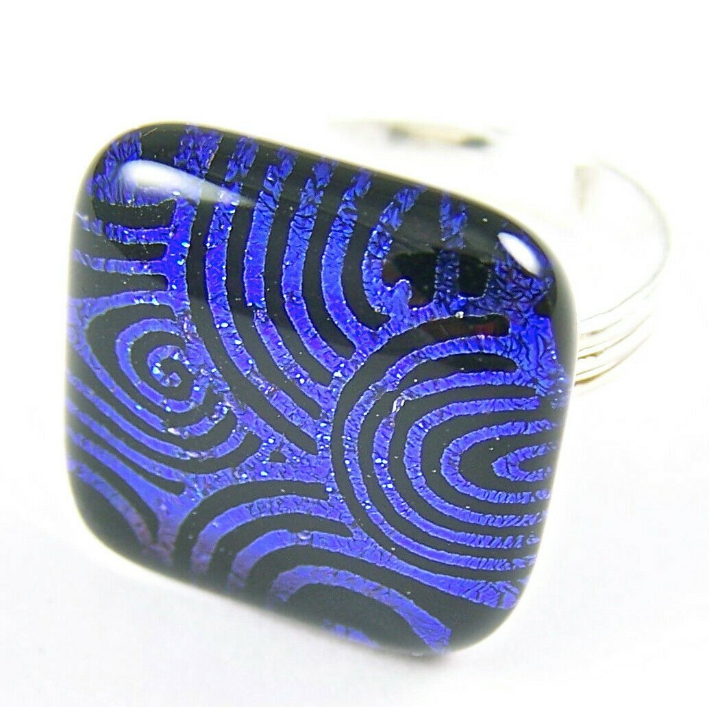 DICHROIC Glass Cocktail Ring Adjustable Cobalt Blue Spirals Coil 3/4" 20mm