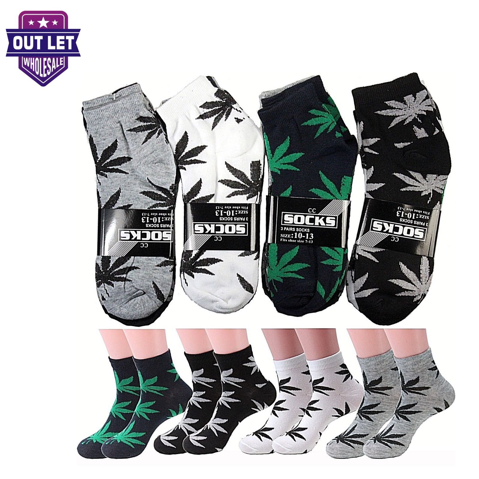 12 Pairs Mens Womens Weed Leaf Marijuana Low Cut Socks Casual Cotton 9-11, 10-13