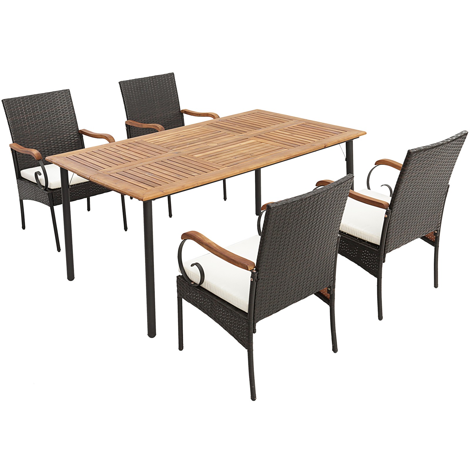 Patio 5PCS Wicker Dining Set Cushion Armchairs Acacia Wood Table W/Umbrella Hole