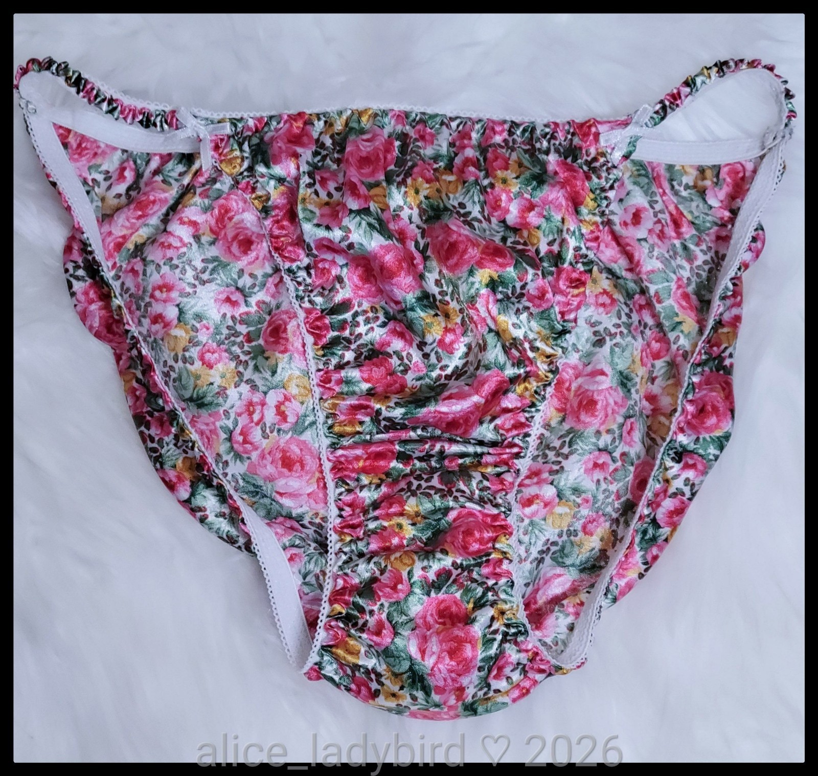 SHINY Vintage PANTIES Rose SATIN String Bikini BRIEF Silky BOW Floral Print L/XL