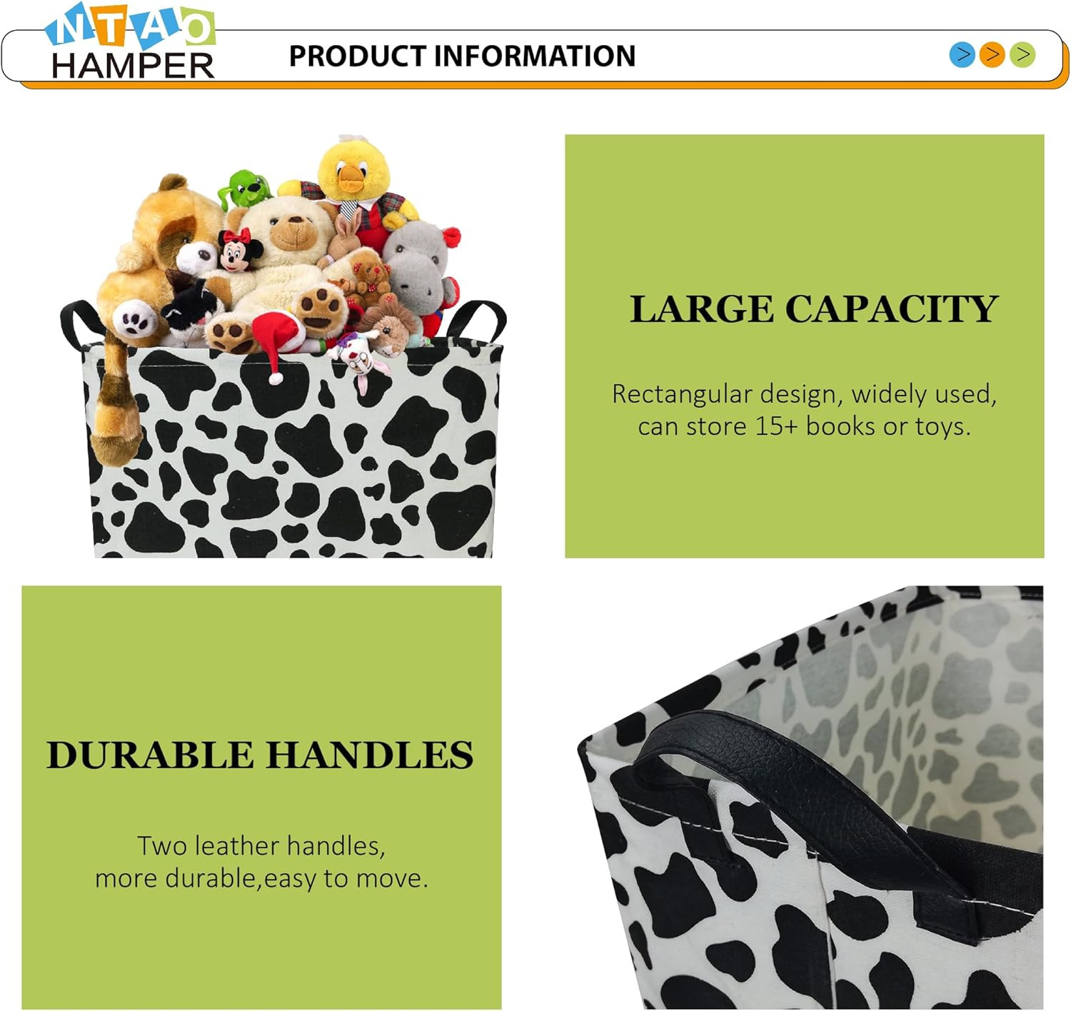 Rectangular Cow Storage Basket, Waterproof Cowprint Box with Handles, Room Decor