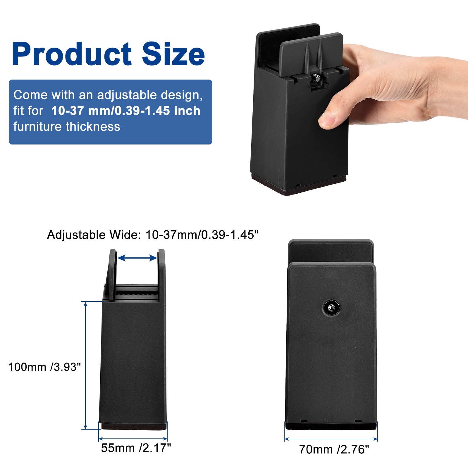4 Set 4" Bed Risers Furniture Risers for Furniture Thickness 0.39-1.45" Black
