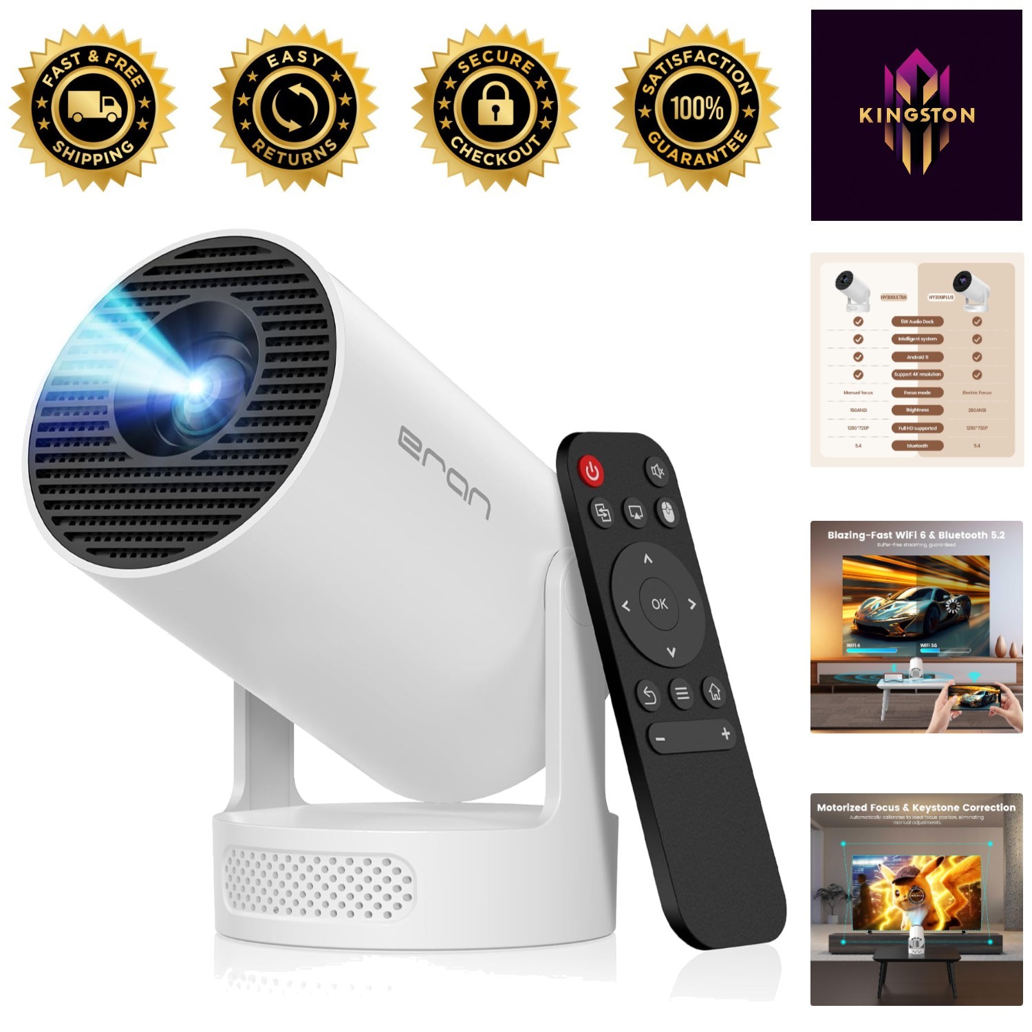 Eran Mini Projector: Bluetooth 5.4, WiFi6, and 360° Projection Flexibility