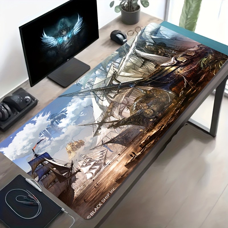 1 Large Electronic Sports Game Mouse Pad, Steampunk Sailing Port Pattern, Non-