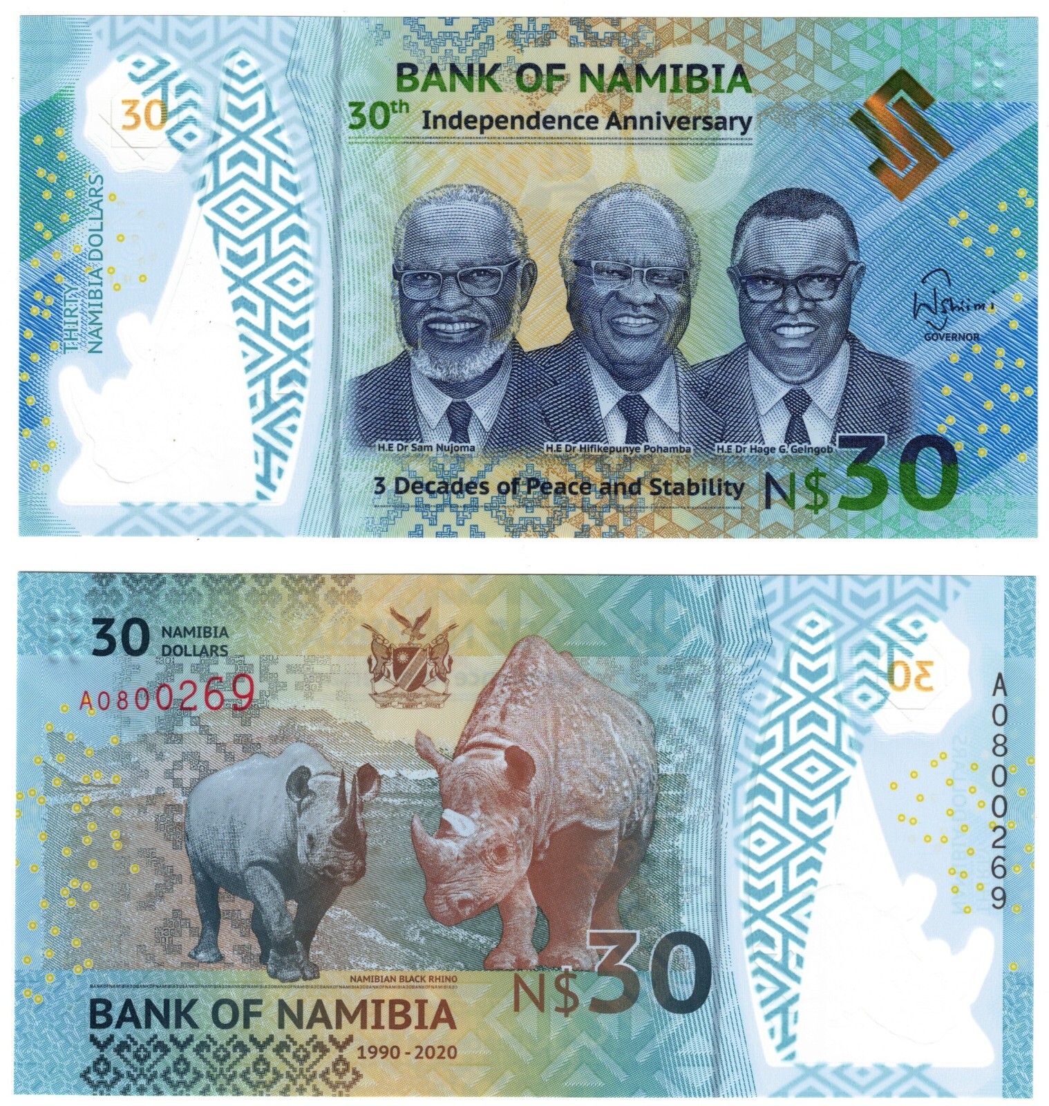 2020 Namibia Banknote 30 Dollars P18 UNC Polymer Rhino
