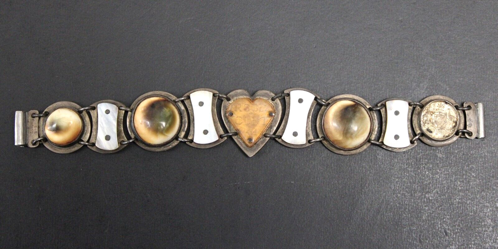 1944 Silver WW2 Sweetheart Panel Bracelet Made From Coins & Shells 7" 59.6g