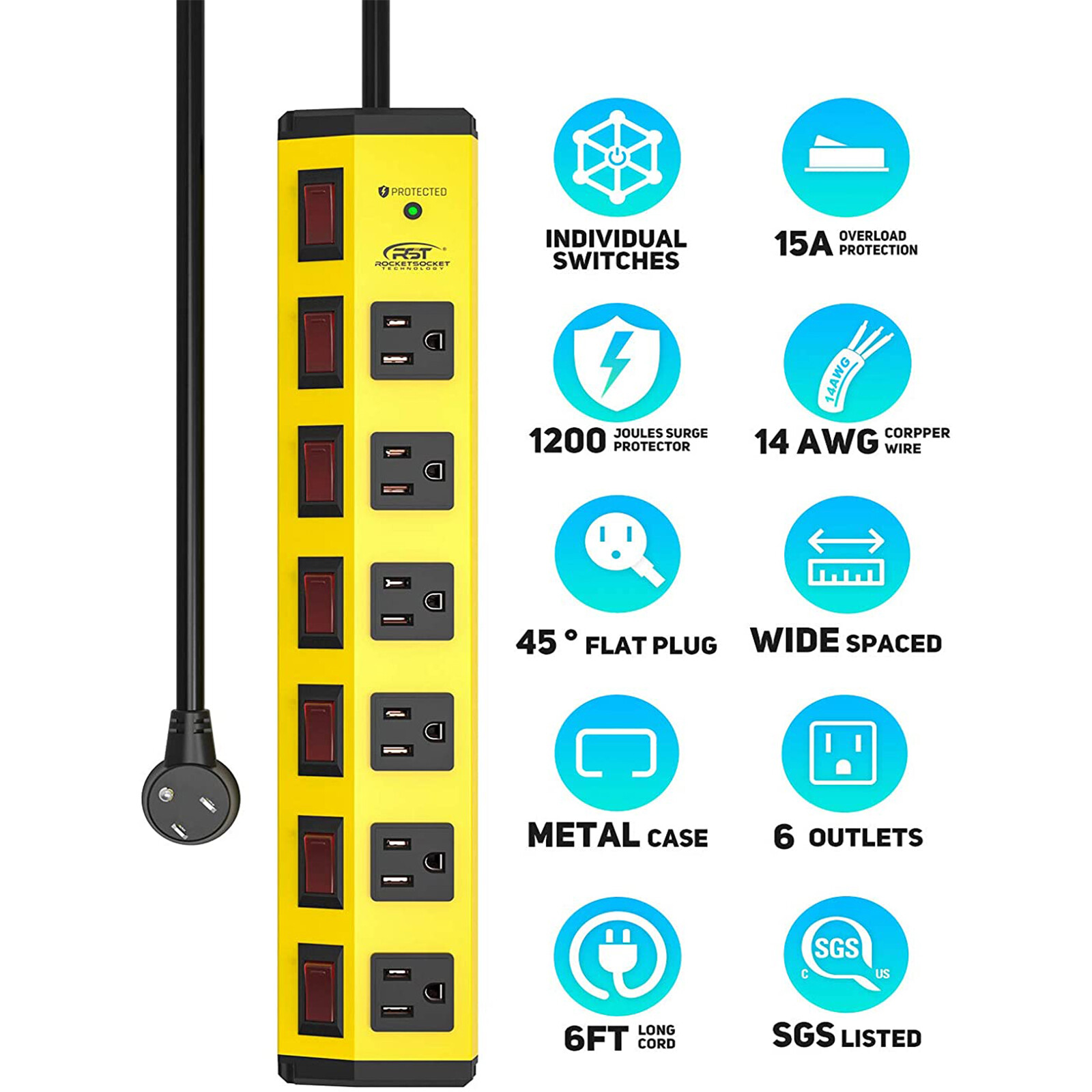 6-Outlets 1200J Power Strip Surge Protector, Flat Plug 6ft Extension Power Cord