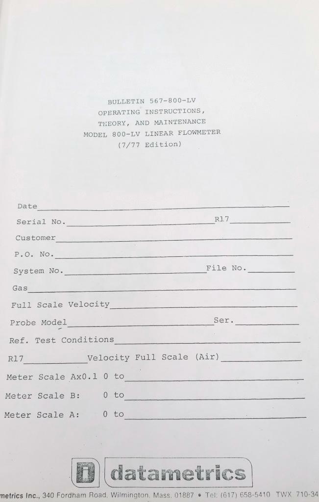Datametrics Model 800-LV Linear Flowmeter Operating Instruction Manual