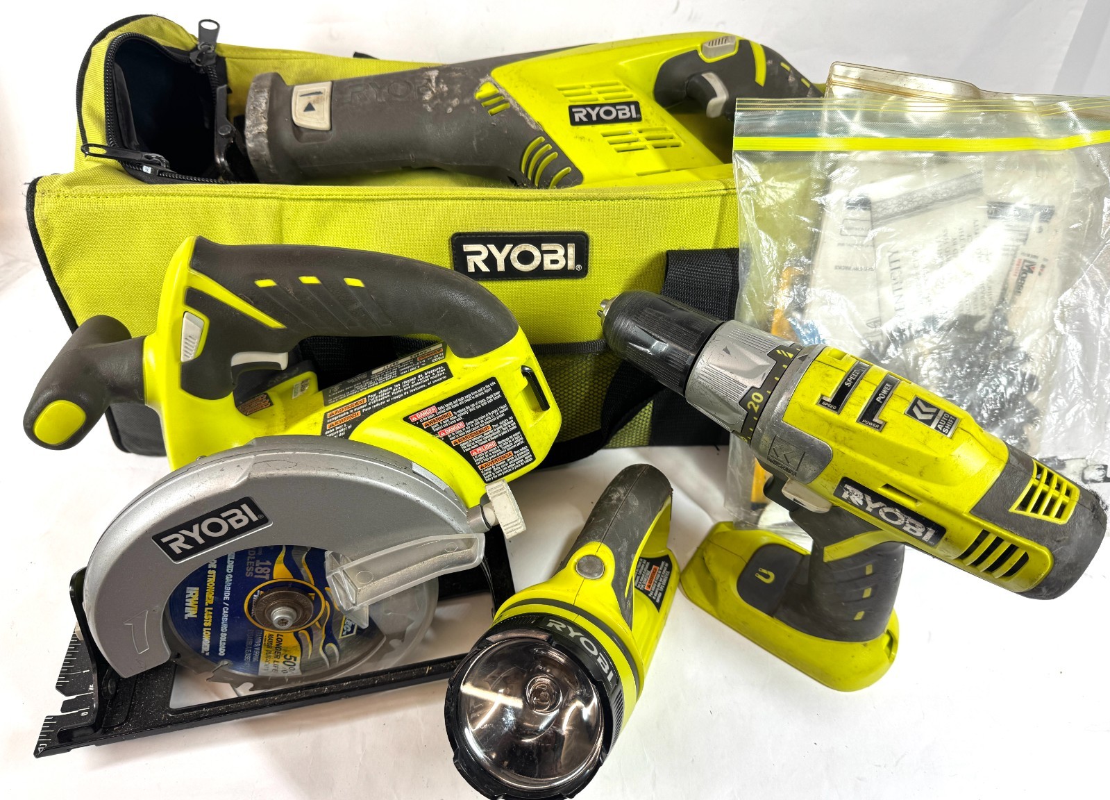 4 Pc Ryobi 18v Drill Skill Reciprocating Saw Drill Flashlight Set w/ Bag NO BAT