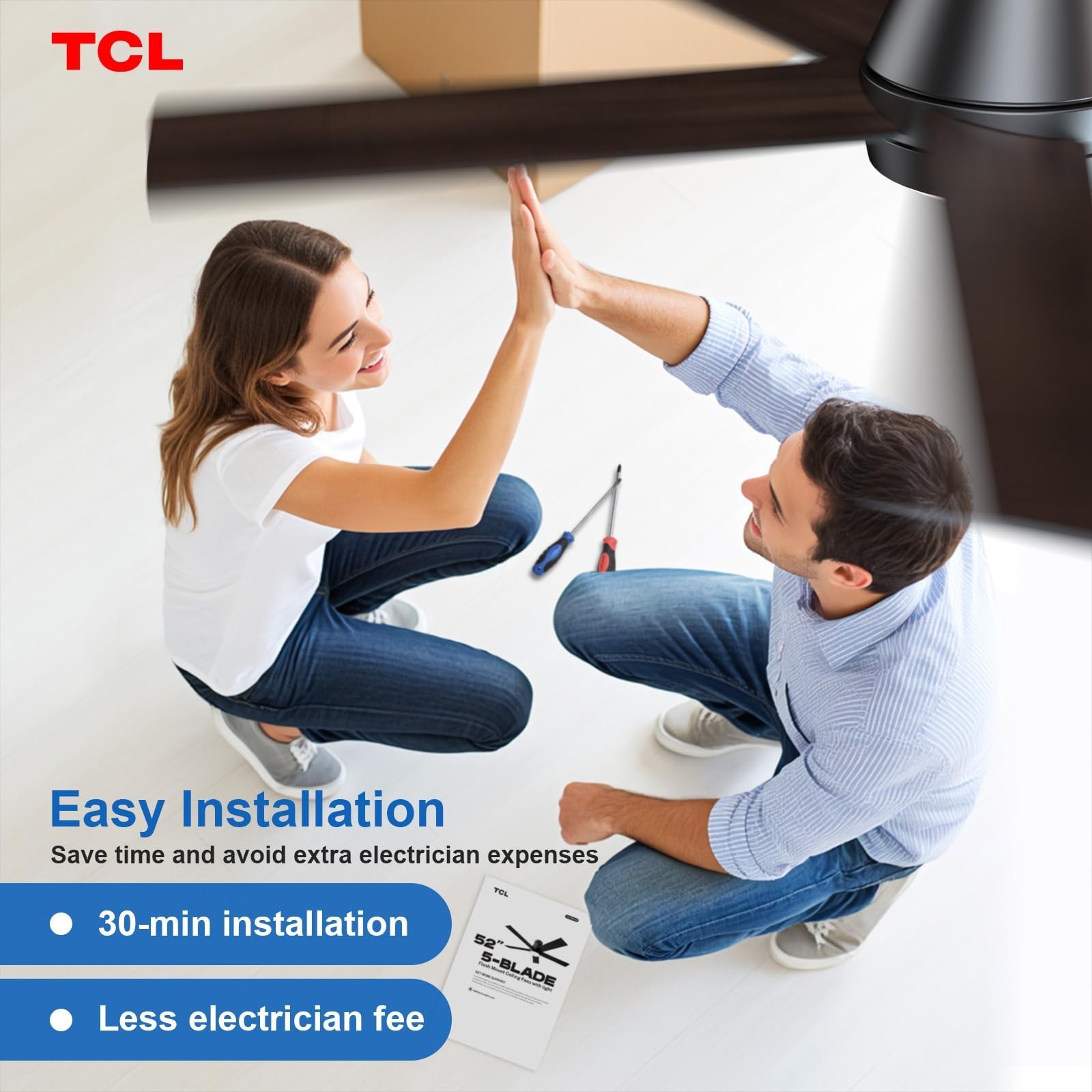 TCL 52" Ceiling Fan with Lights, Black Flush Mount 52 inch,