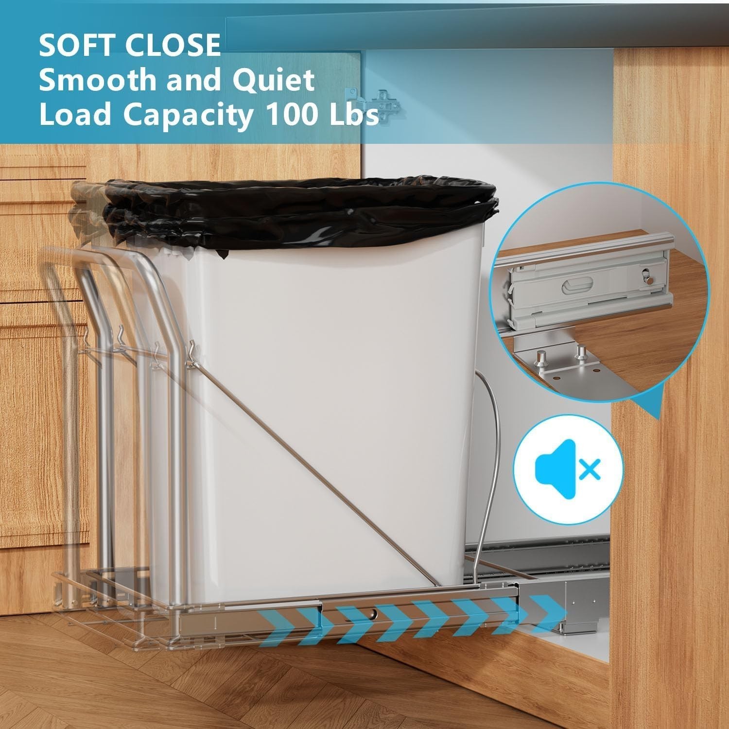 Pull Out Trash Can Under Cabinet with Soft-Close Slides，Heavy Duty Slide