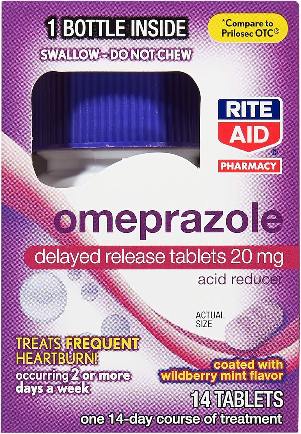 Rite Aid Omeprazole DR Tablets 20 mg, Wildberry Mint, 14 CT
