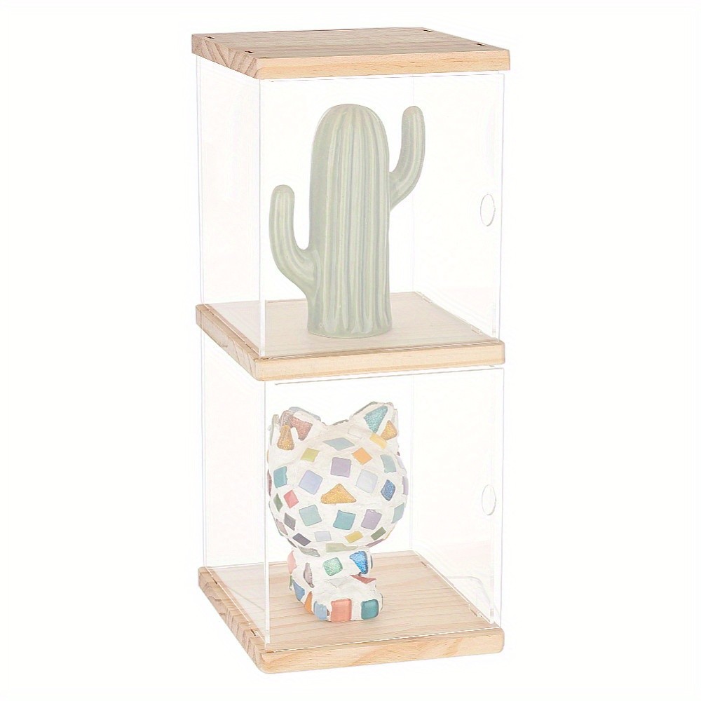 1set 2Tier Acrylic Figure Display Case 5.9x5.9x11.8inch Moccasin Wood Base
