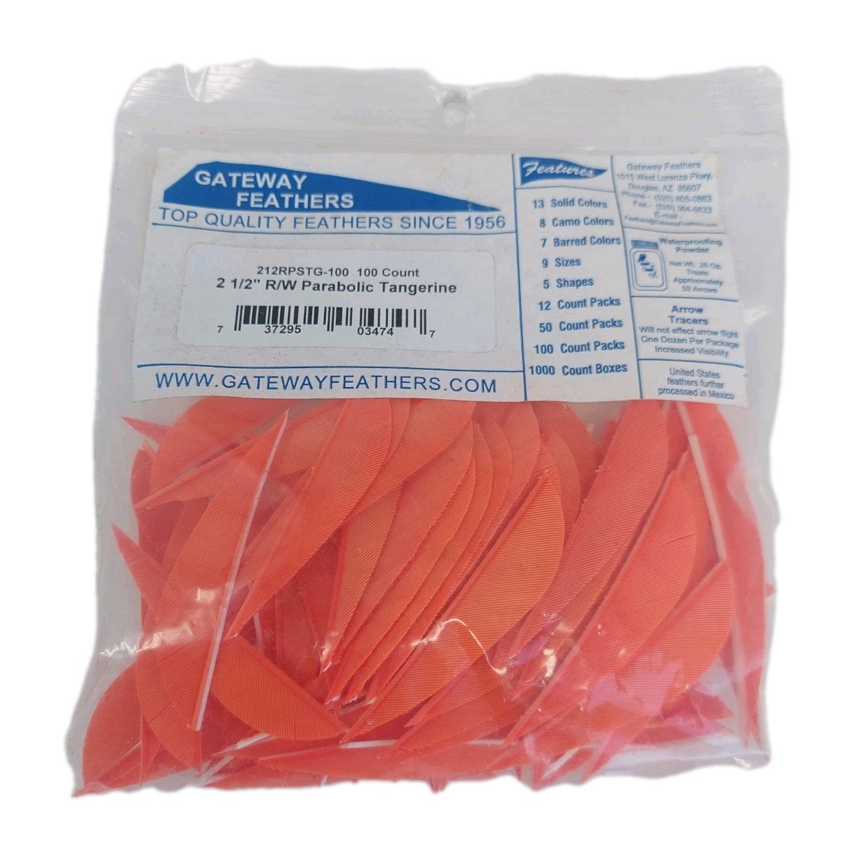 100 Pack Gateway Feathers 2.5" Right Wing: Parabolic Tangerine Orange 212RPSTG