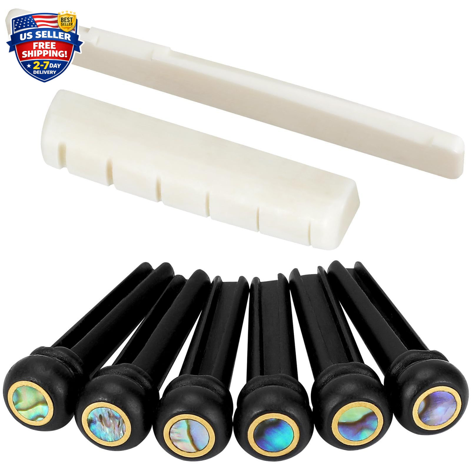 6 String Acoustic Guitar Bone Bridge Saddle and Nut and 6Pcs Ebony
