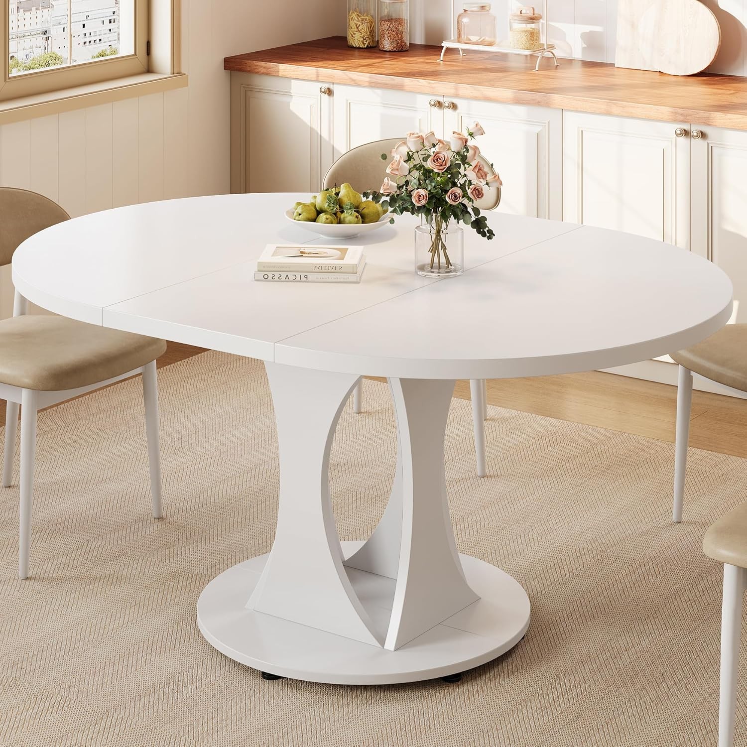 59" Extendable Round Dining Table 6-8 Kitchen Table W/ Sturdy Double Arc Base