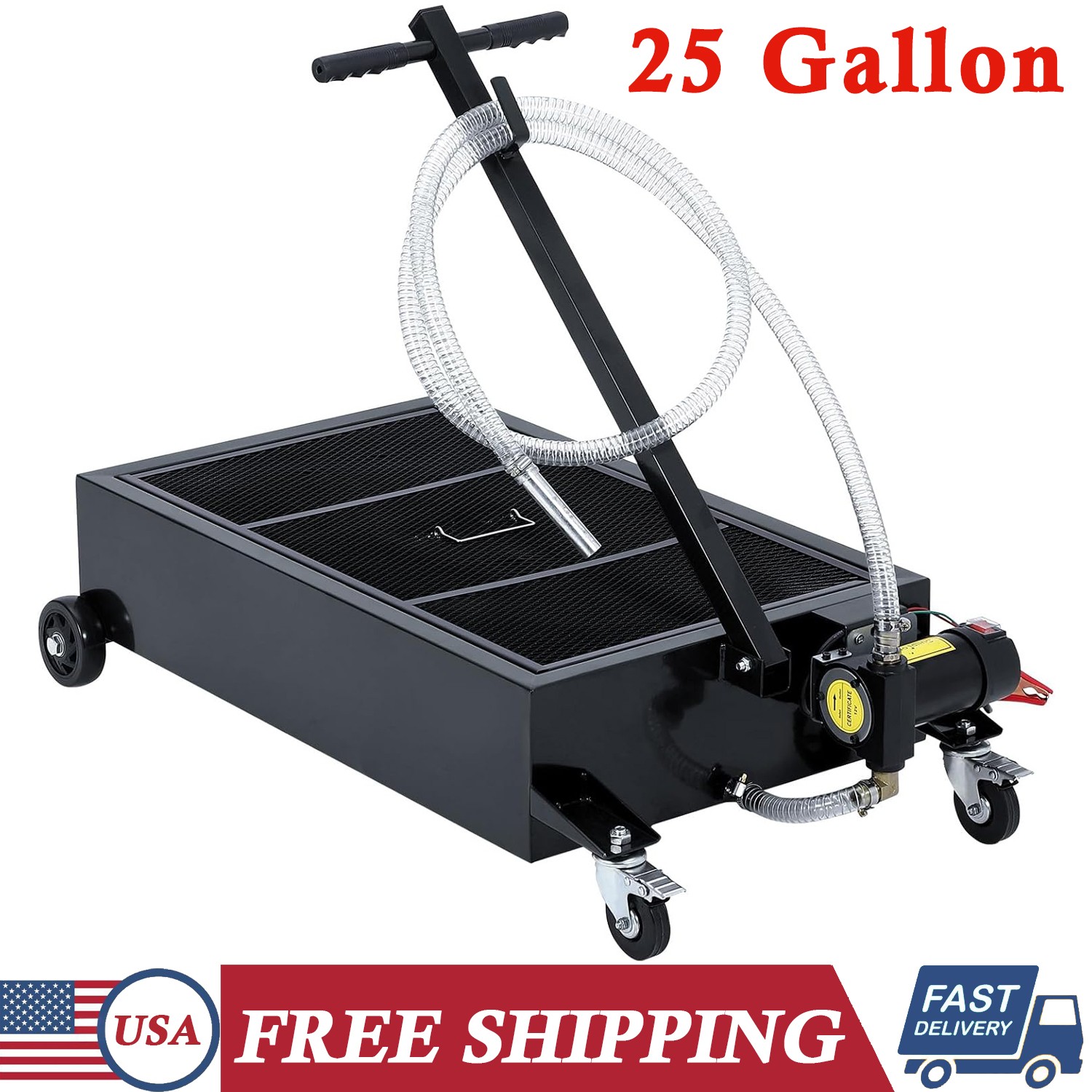 25Gallon Low Profile Electric Oil Drain Pan 12V 180W Pump Rolling Oil Change Pan