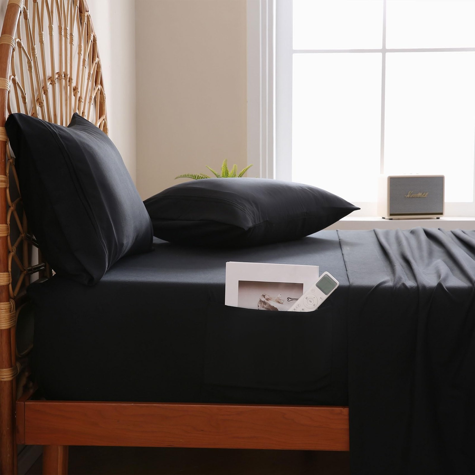 JSD Black King Sheet Set with Side Pocket Corner Straps, 4 Piece King,