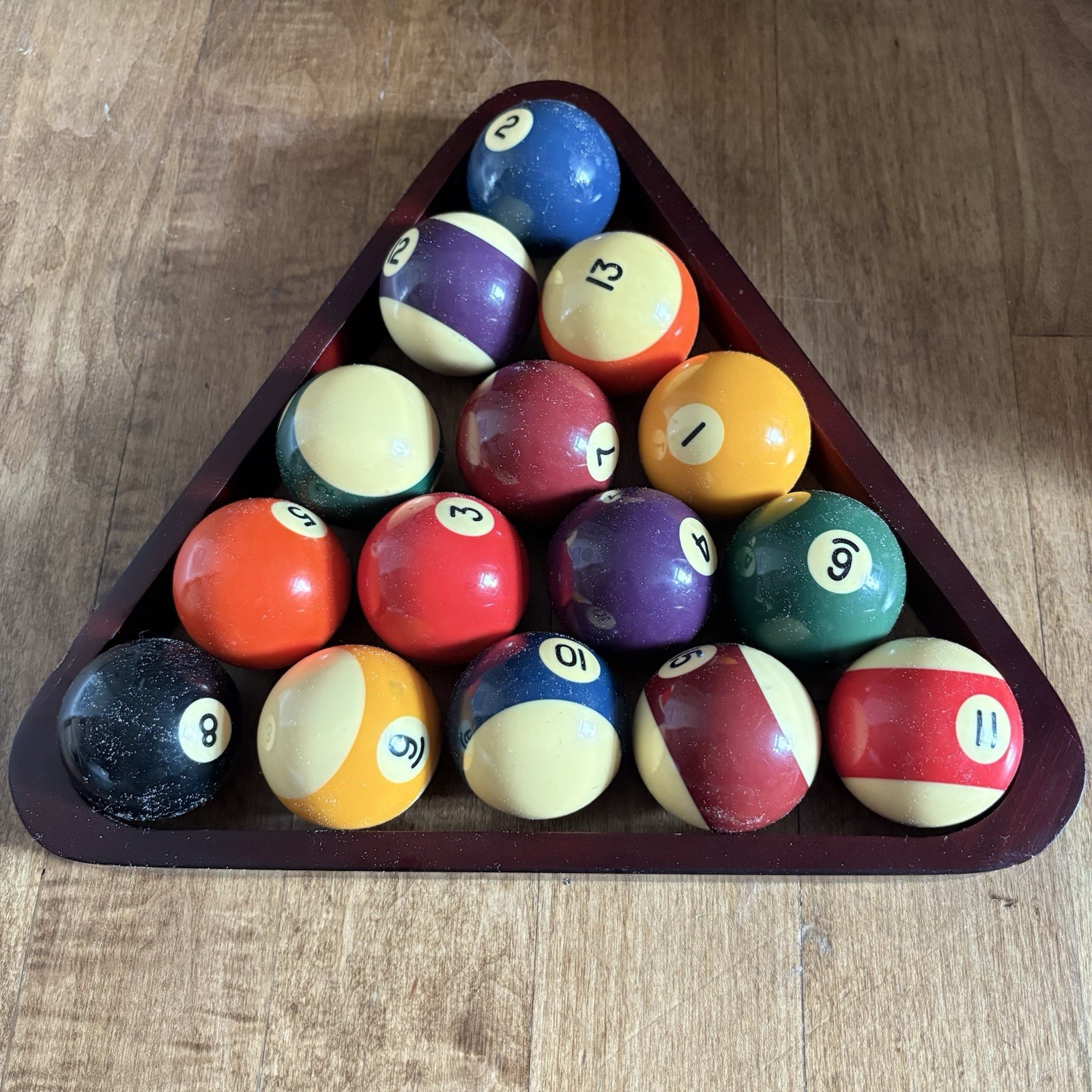 Set Vintage Billiards 15 Pool Balls Wooden Rack Racking Triangle