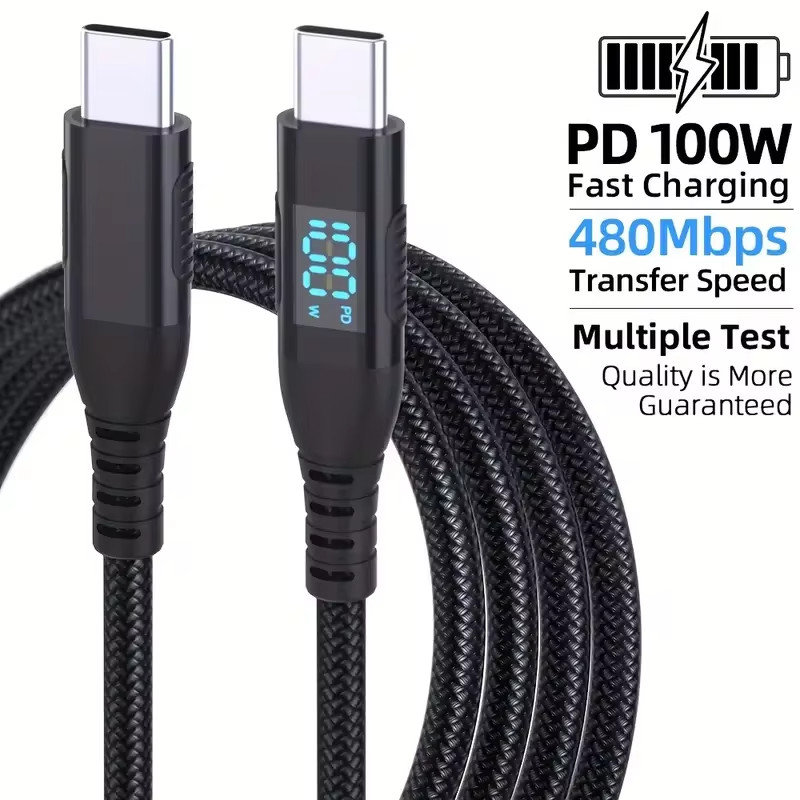 PD 100W 5A USB C to USB C Cable Fast Charging Cord LED Display Type-C Charger