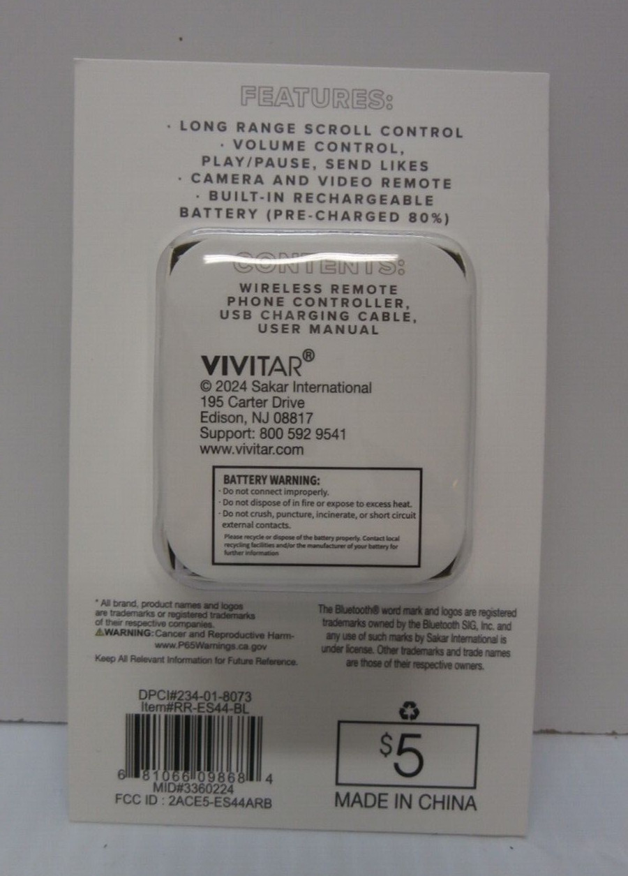 Vivitar Wireless Remote Phone Controller - Bluetooth - Pink/White - NEW