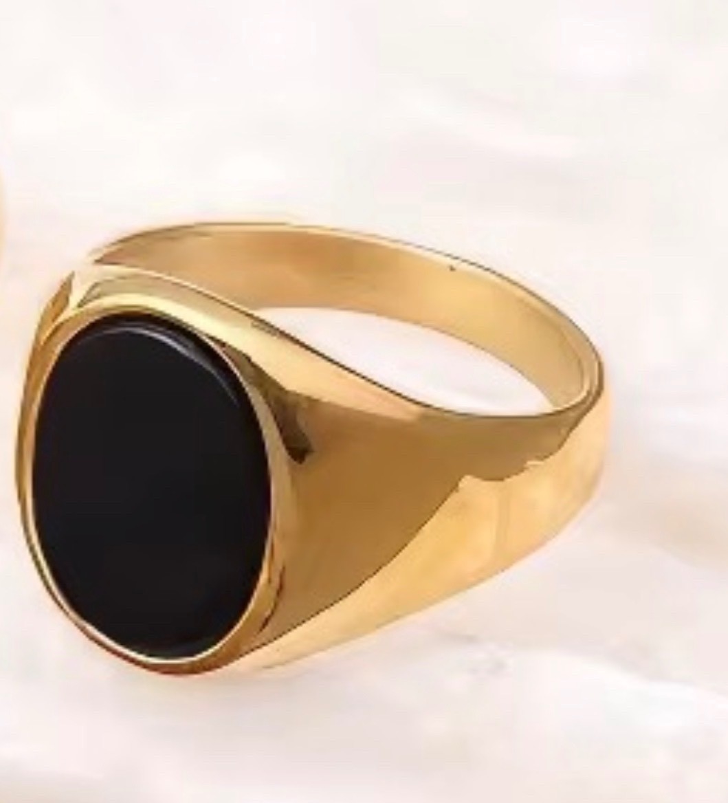 Men’s Ring Stainless Steel Gold Color Black Onyx Stone Oval Shape Stylist
