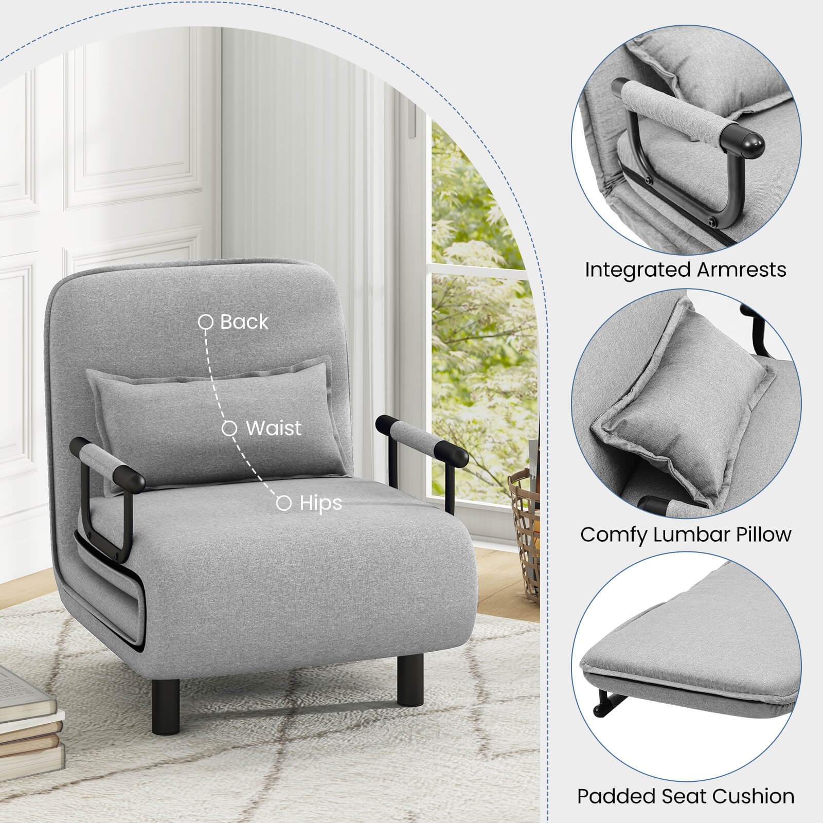3-in-1 Convertible Sofa Bed with 5-Position Adjustable Backrest & Lumbar Pillow