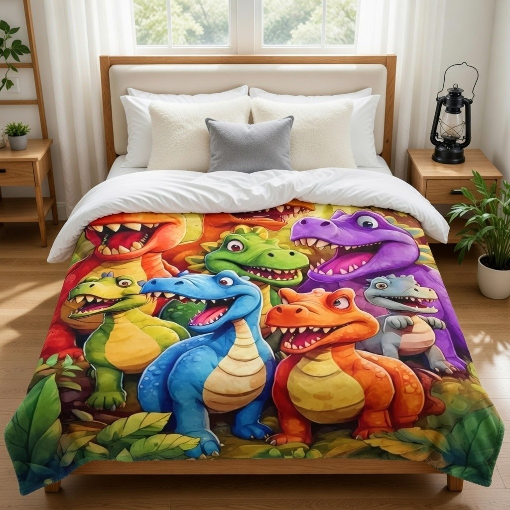 Cute Smiling Dinosaur Flannel Throw Blanket Soft Cozy Couch Bed